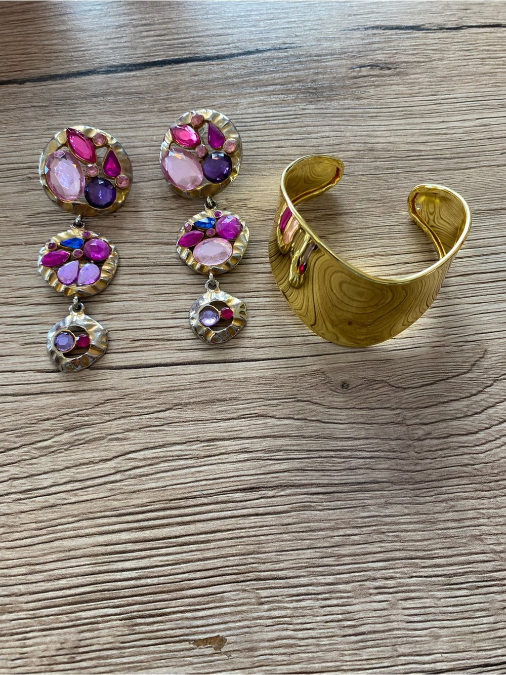 Gold-Tone Drop Earrings with Pink and Purple Gems